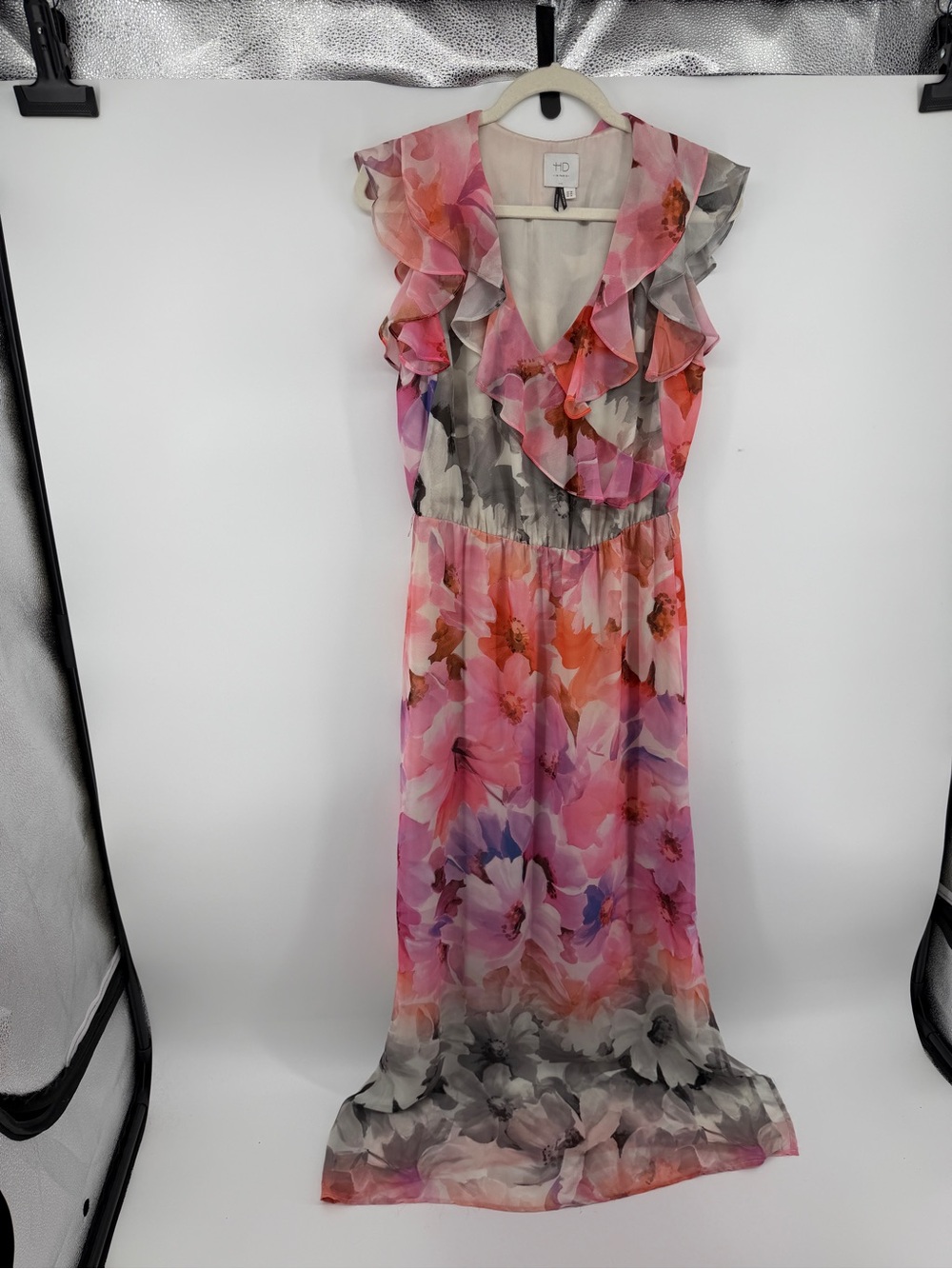 HD in Paris Floral Watercolor Maxi Dress Pink Ruffle V-Neck Fairycore Boho Sz4